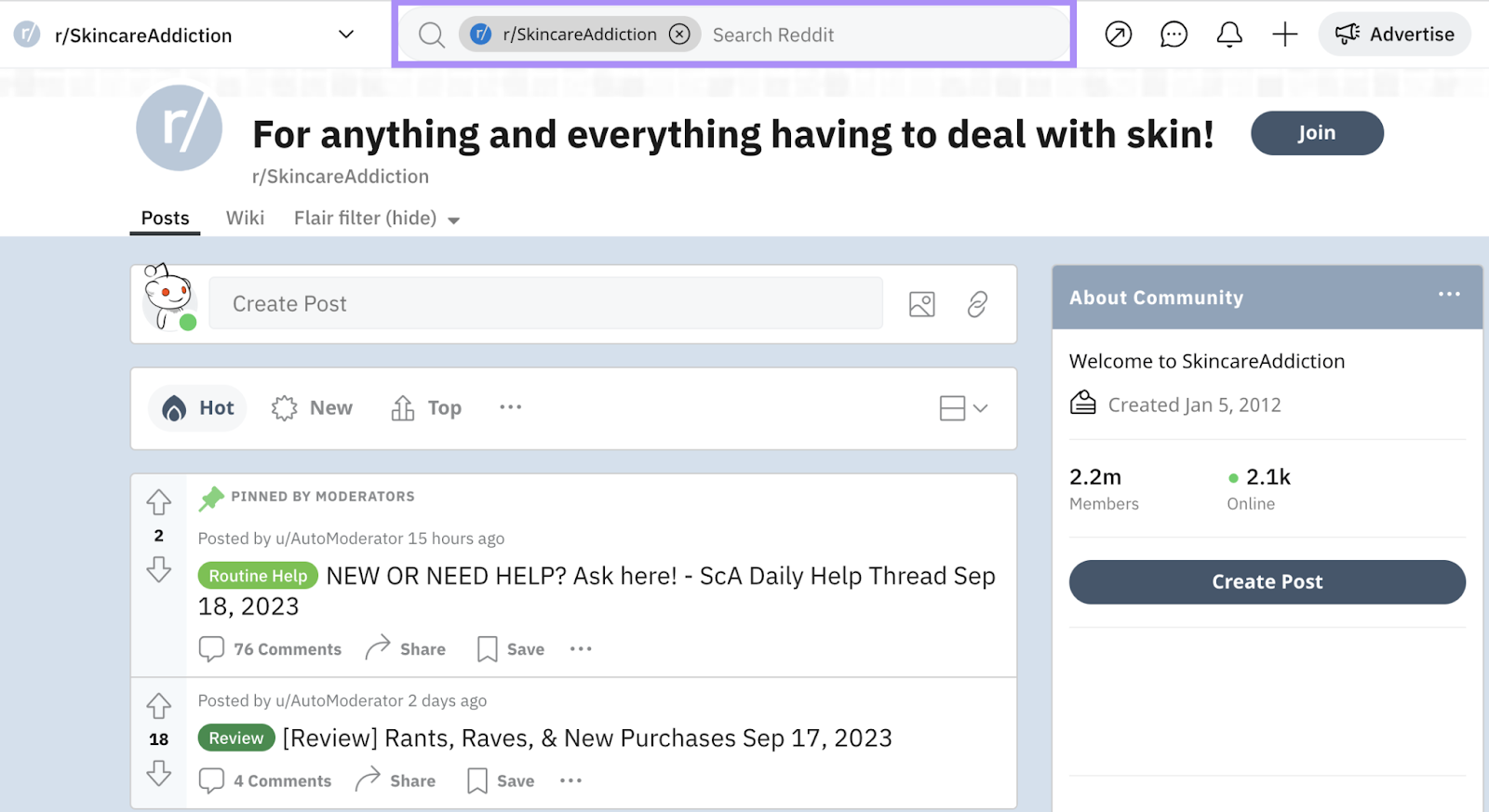 Search bar within r/SkincareAddiction subreddit