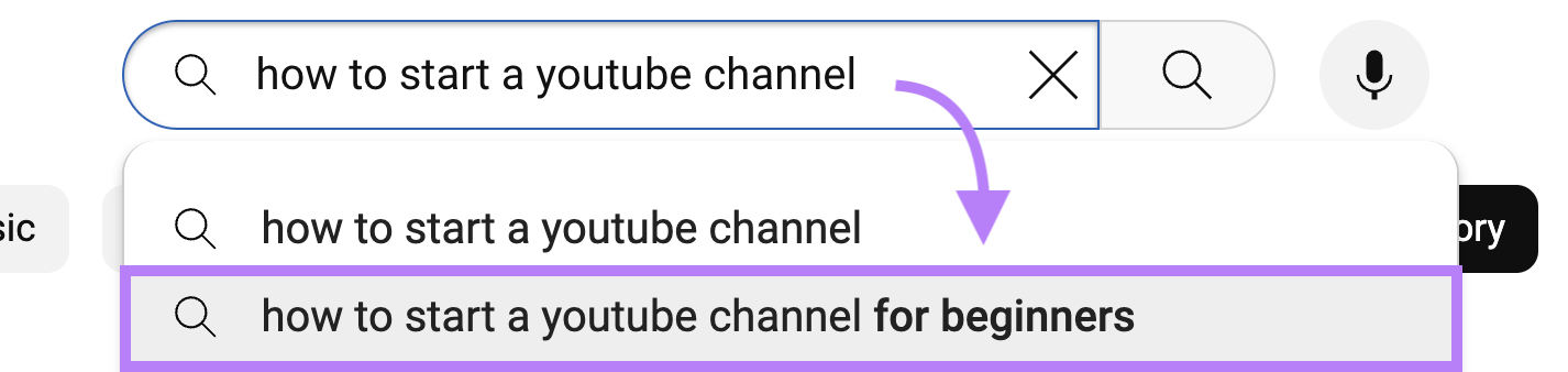 Suggested keyword "how to start a youtube channel for beginners" highlighted