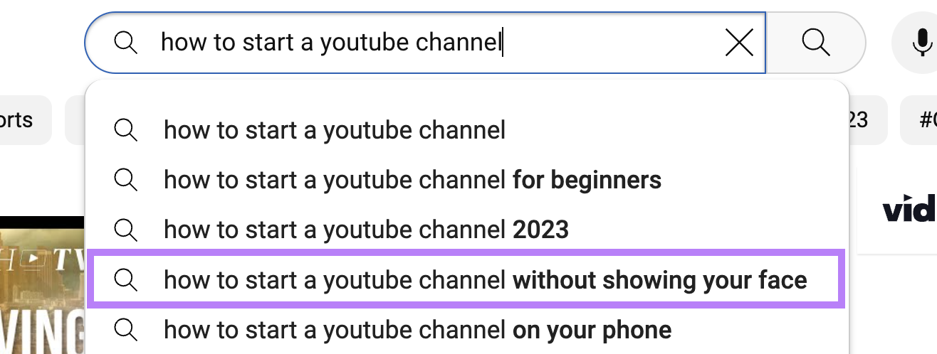 YouTube search suggestions for “how to start a youtube channel”