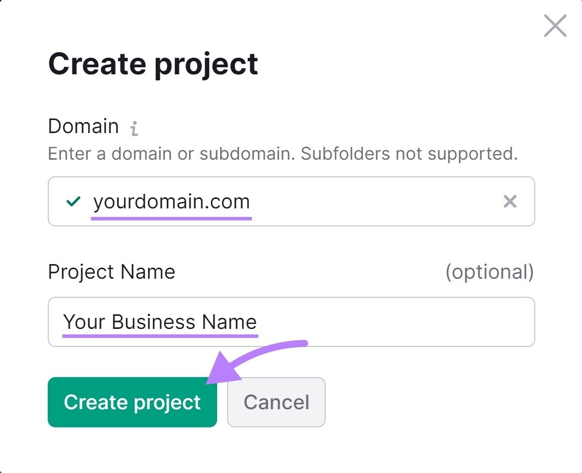 “Create project” pop-up window in Site Audit