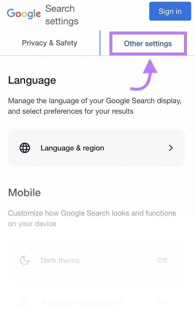 Google “Other settings” button highlighted in purple
