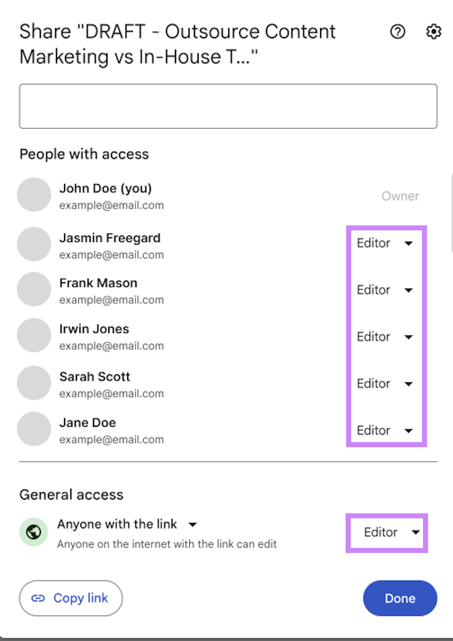 Link sharing pop-up in Google Docs