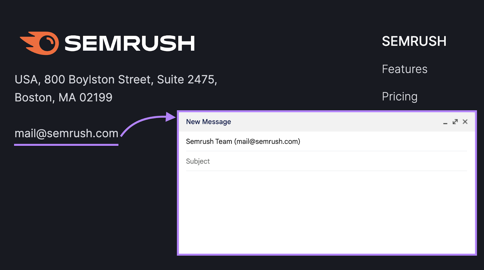 Clicking on "mail@semrush.com" creates an email draft