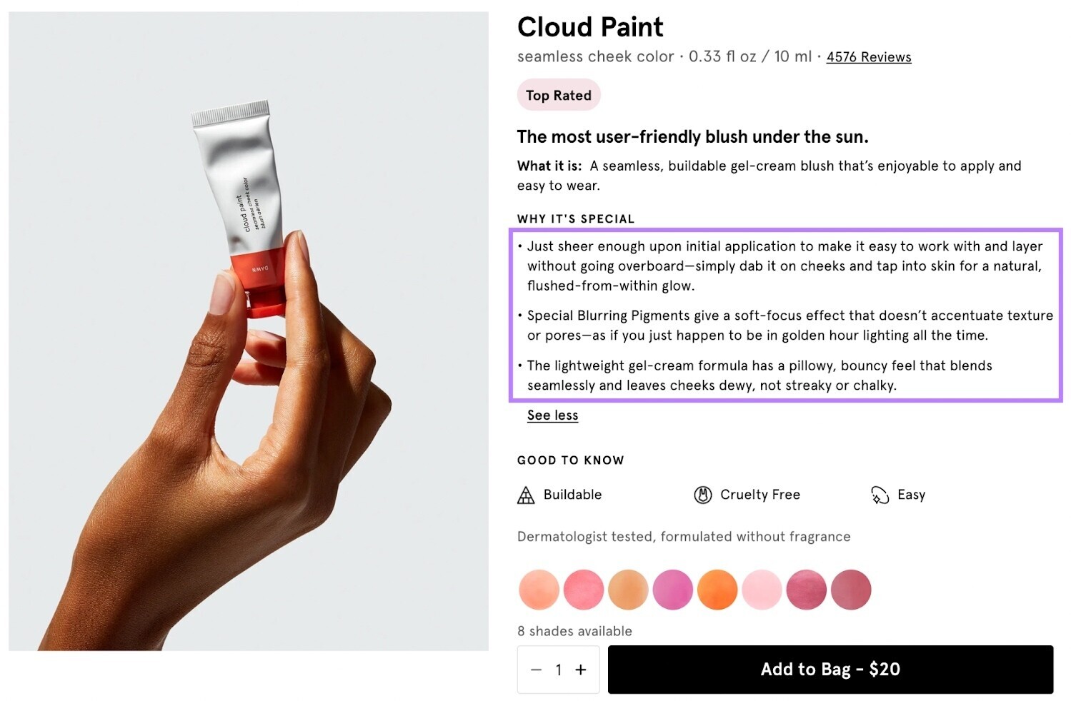 Glossier's Cloud Paint product listing