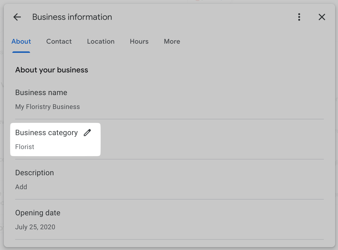 Business category field highlighted on "Business information" page