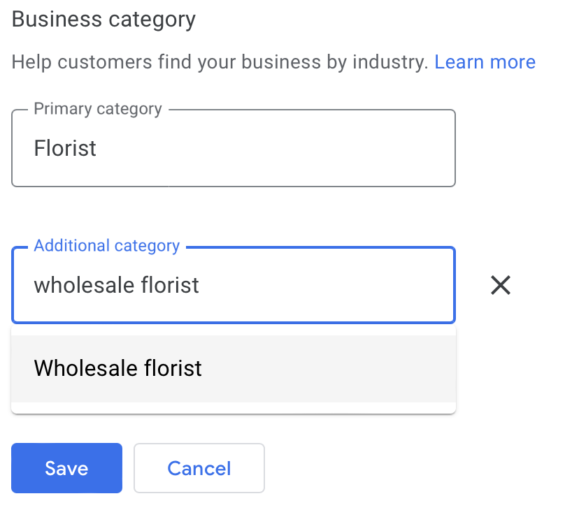 “Wholesale florist” chosen as as an additional category
