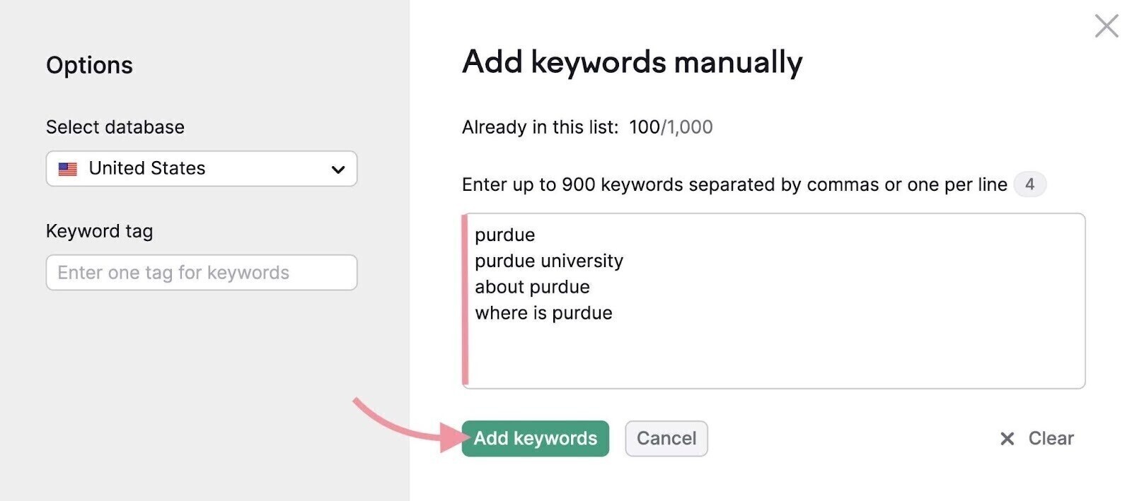 Add keywords manually page