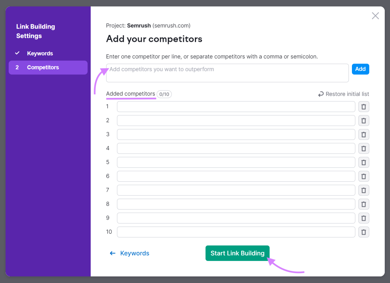 "Add your competitors" window in Link Building Tool