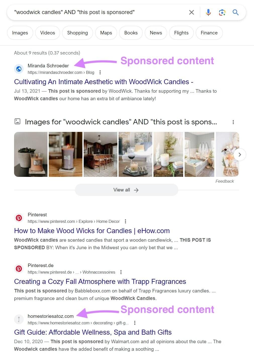 Google SERP for “woodwick candles” AND “this post is sponsored”
