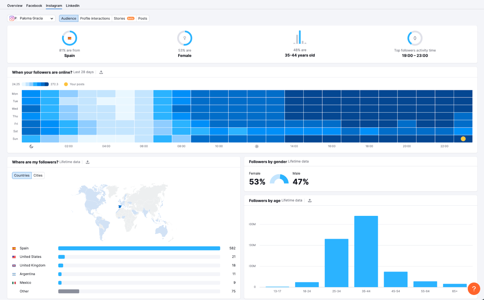 Social Analytics tool's "Instagram" tab