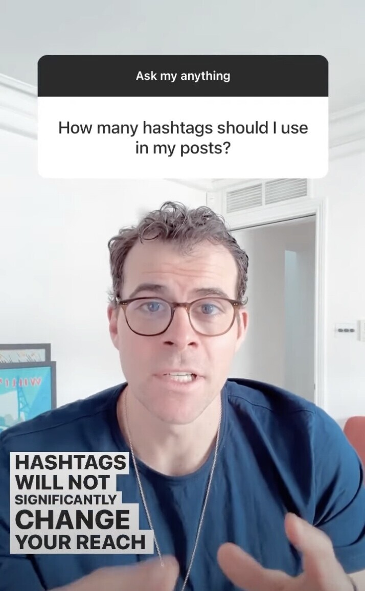 Mosseri's Instagram post where he answers the "how many hashtags should I use in my posts" question