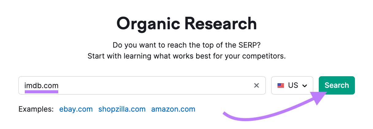 "imdb.com" entered into Organic Research tool search bar
