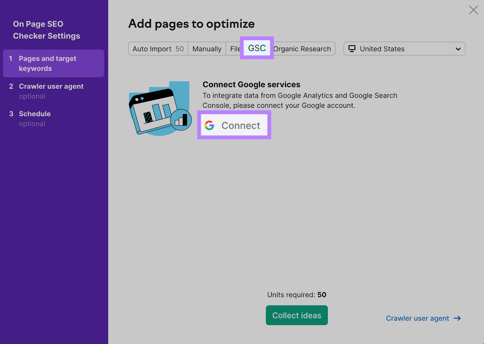 "Add pages to optimize" screen in On Page SEO Checker