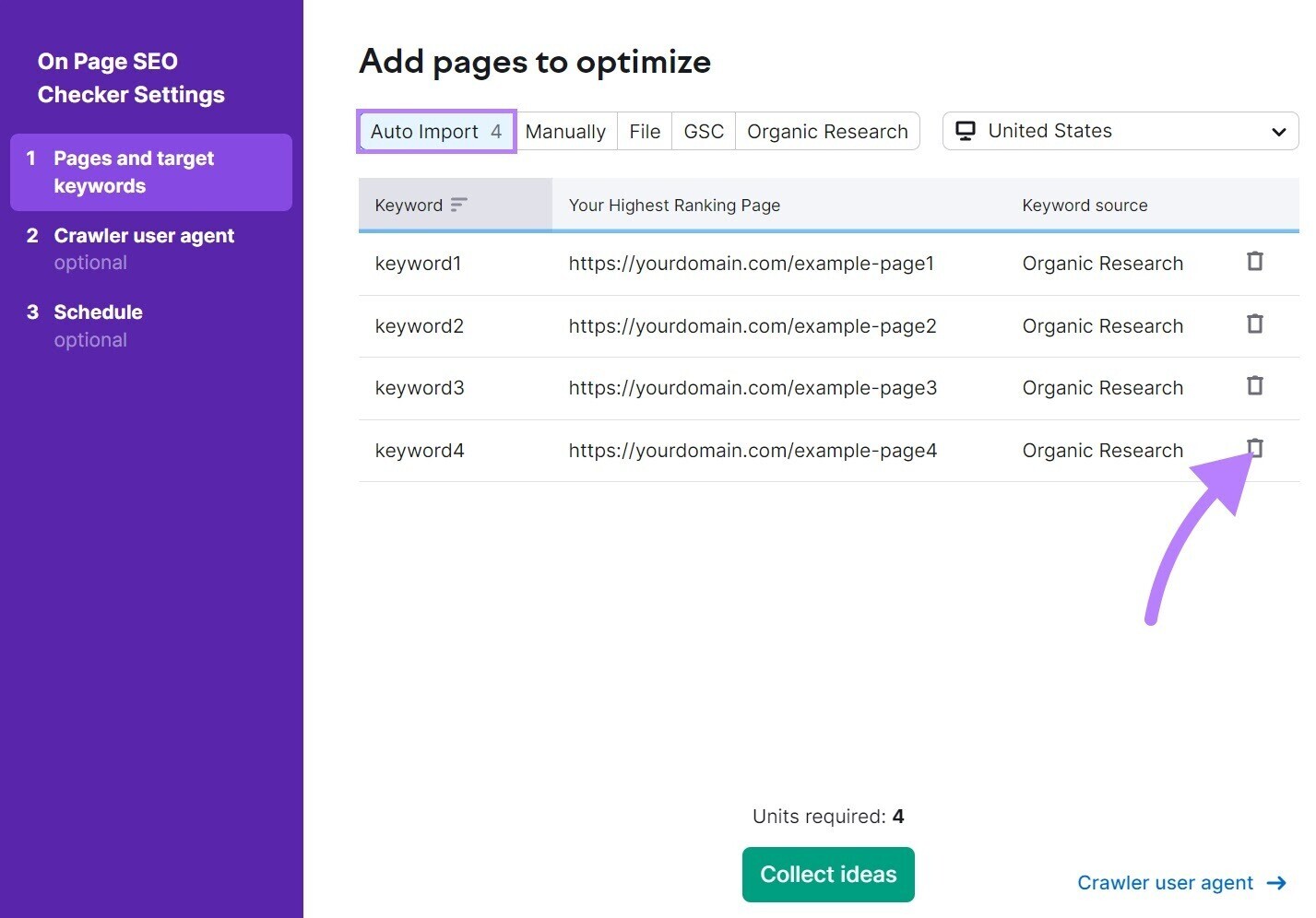 "Add pages to optimize - Auto import" window in On Page SEO Checker Settings