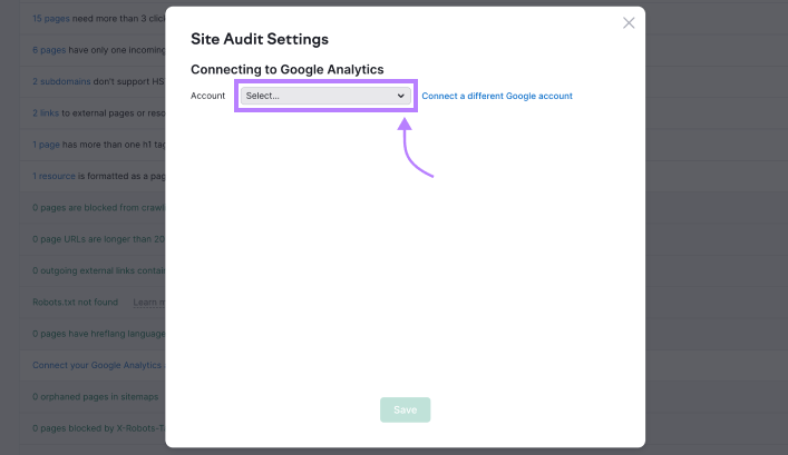 "Account" drop-down menu in Site Audit Settings