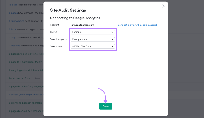 Profile, Property, and View section in Site Audit Settings