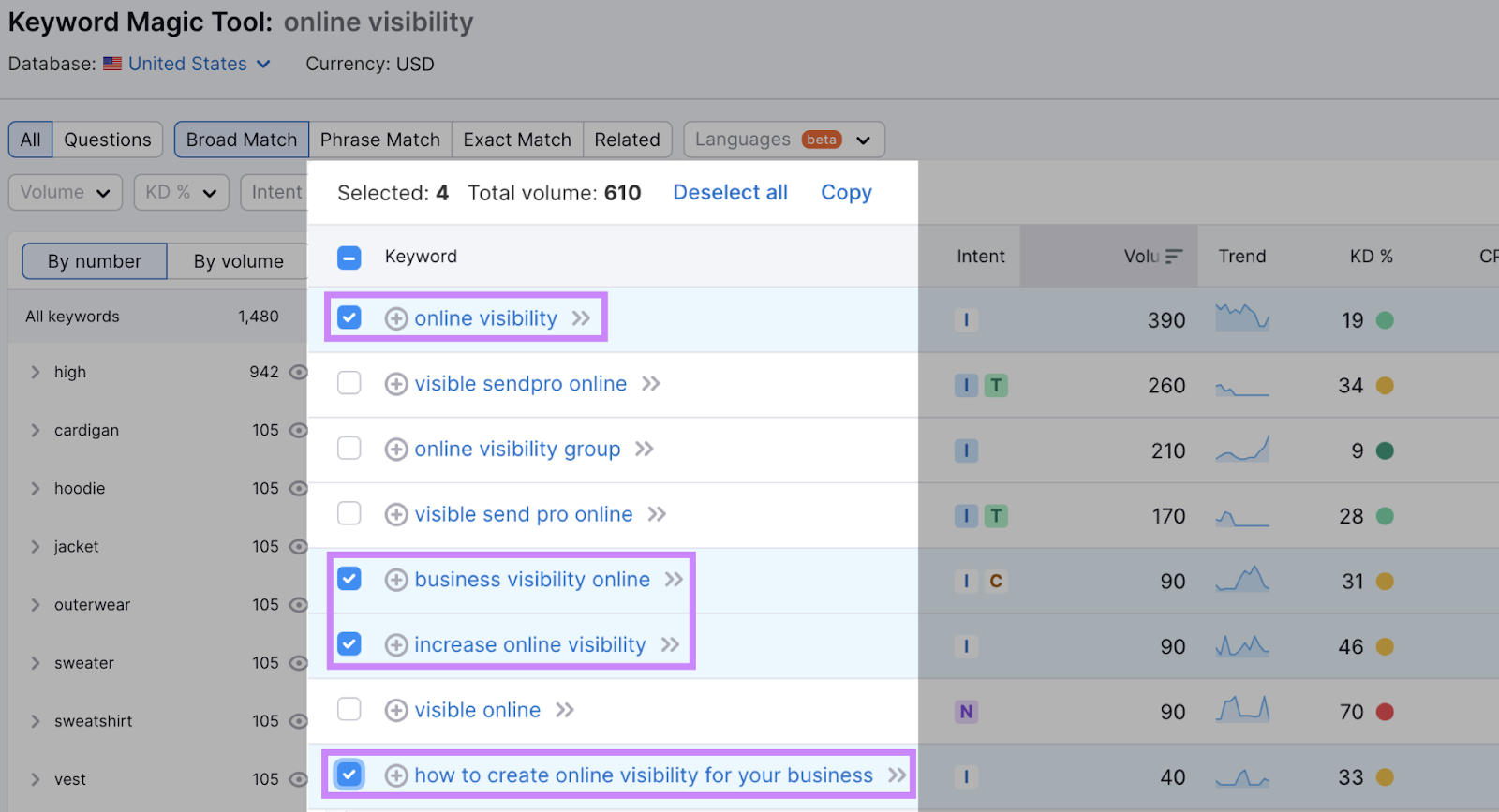 Keyword Magic Tool's results for "online visibility"