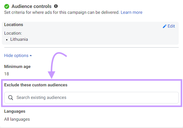 “Exclude these custom audiences” option highlighted