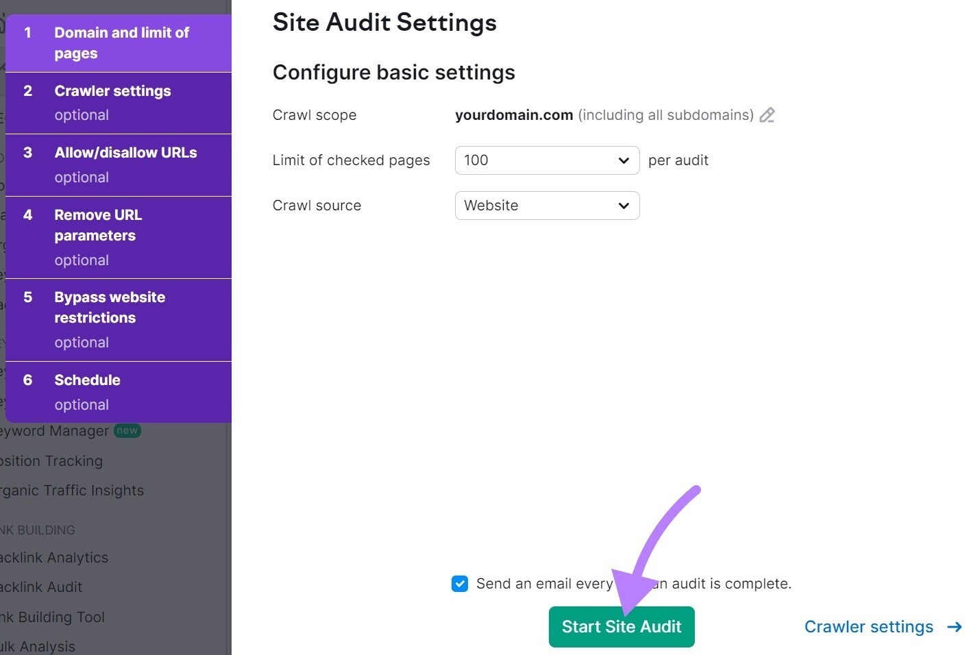 "Site Audit Settings" window