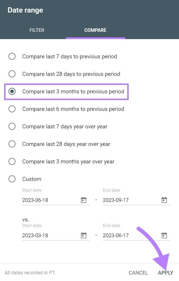 "Date range" window