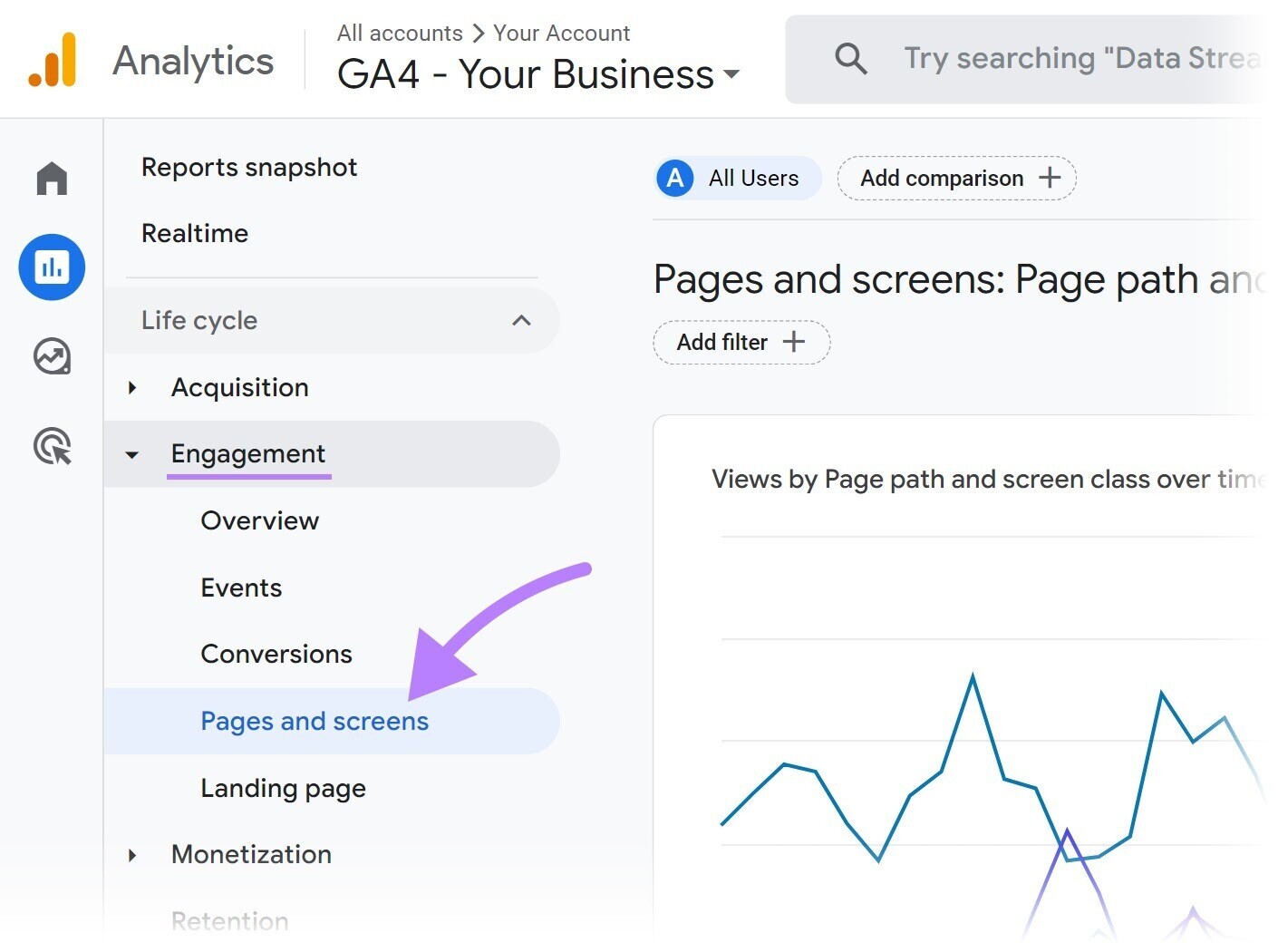 Navigating to “Pages and screens” in GA4