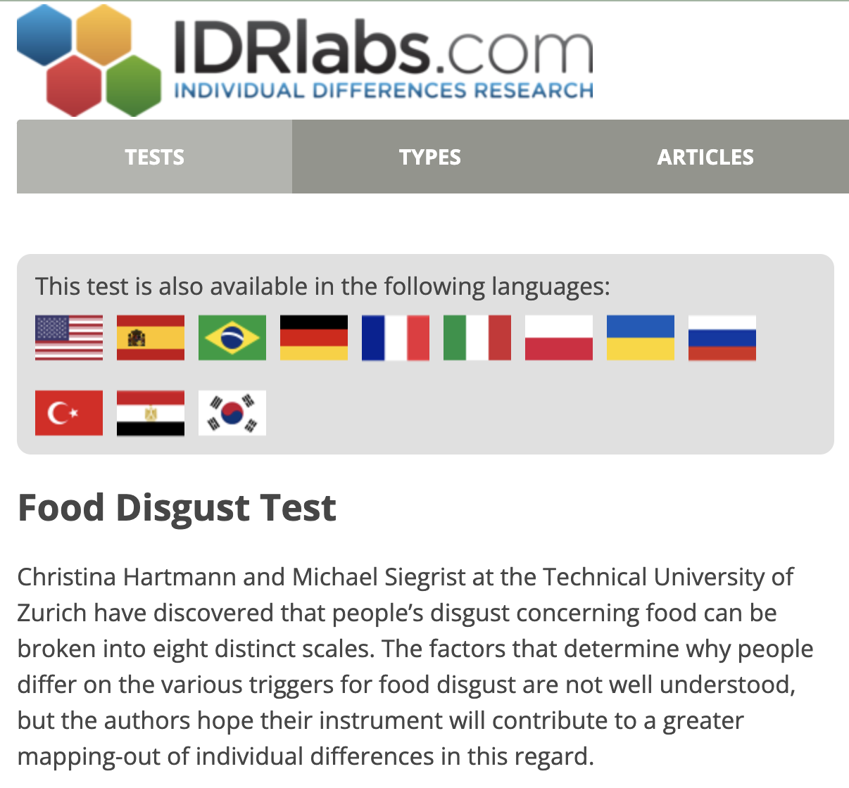 IDRlabs’ Food Disgust Test landing page