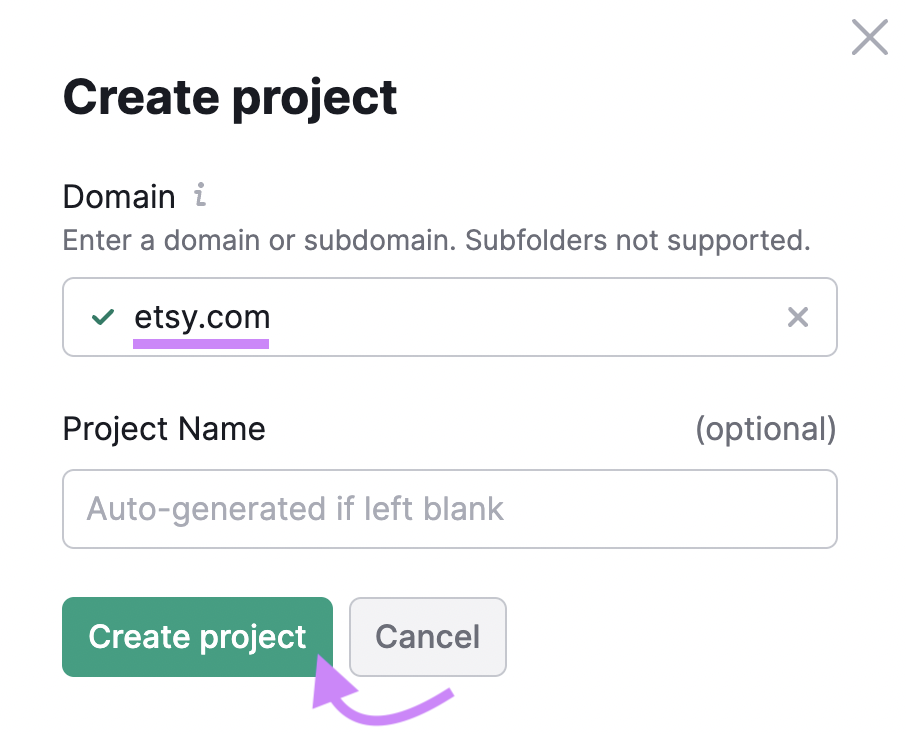 Link Building Tool's “Create project” window