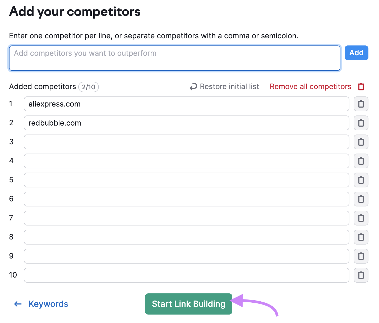 "Add your competitors" configuration page