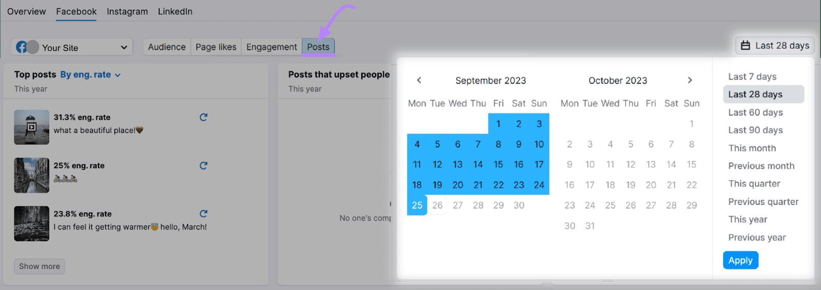 "Posts" tab with a calendar opened