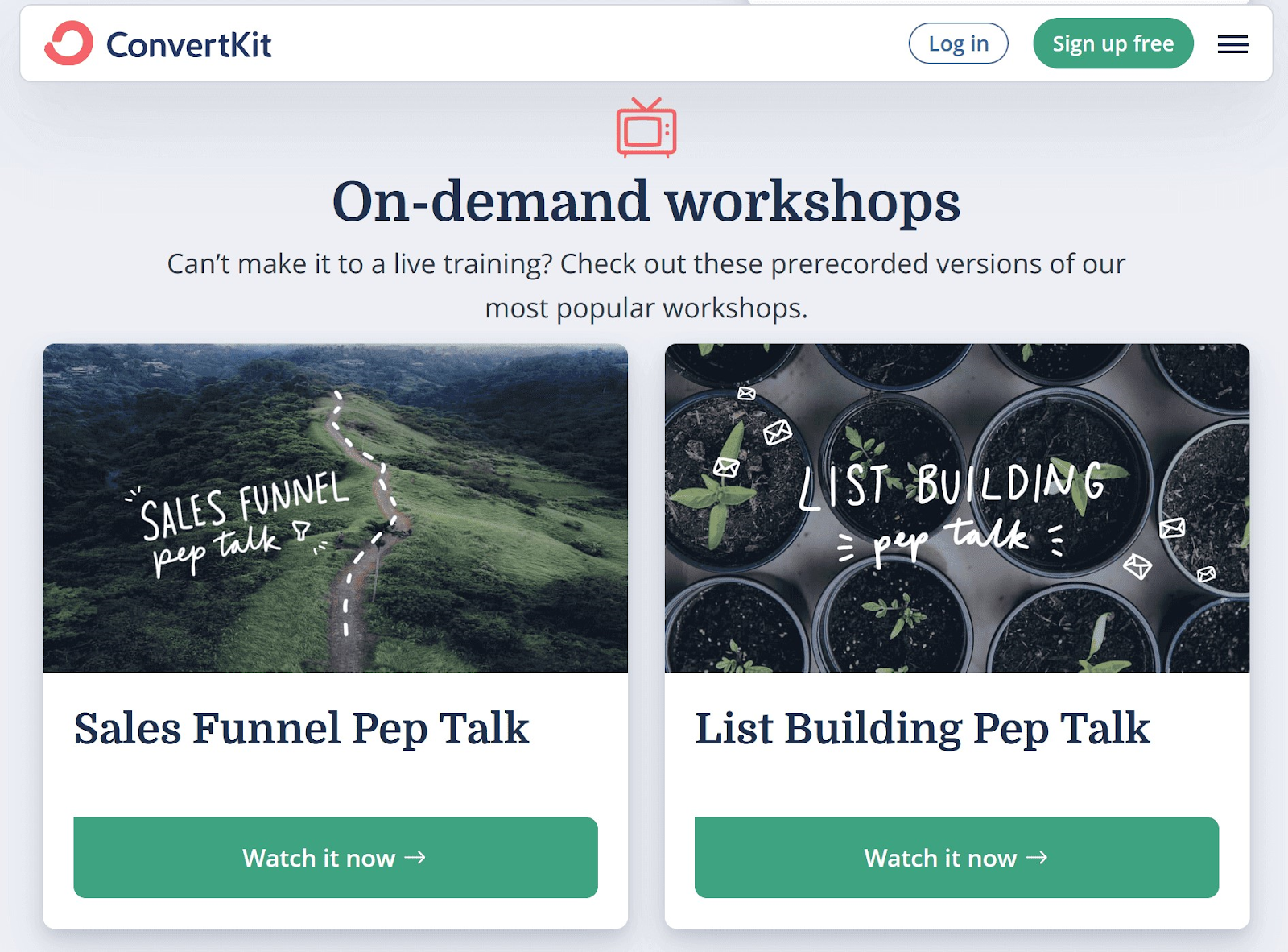 ConvertKit's "On-demand workshops" page