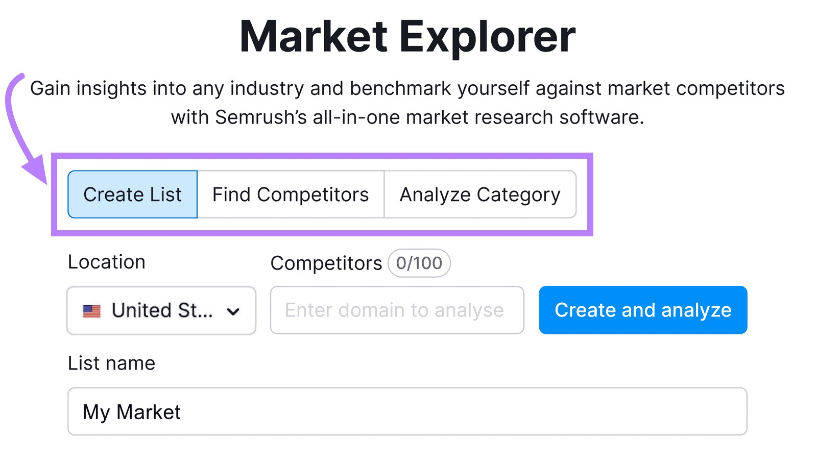 Market Explorer tool search with "Create List" option highlighted