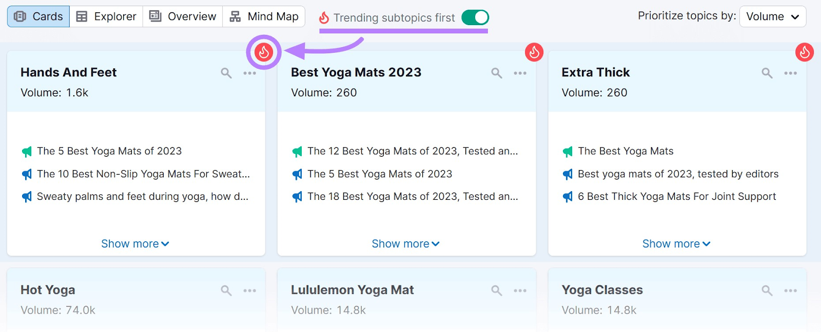 Results shown with “Trending subtopics first” on