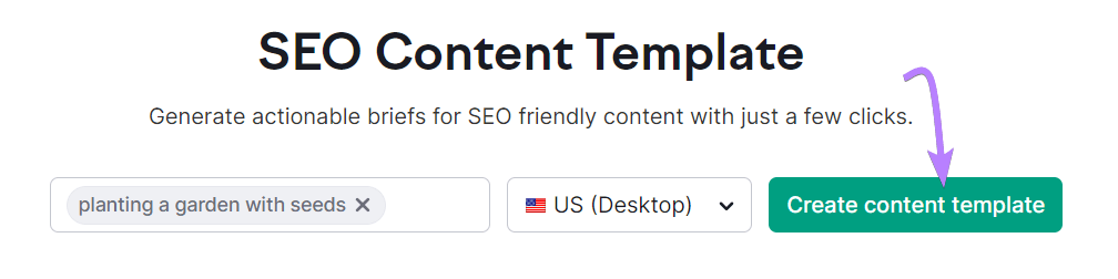 "planting a garden with seeds" entered into SEO Content Template search bar