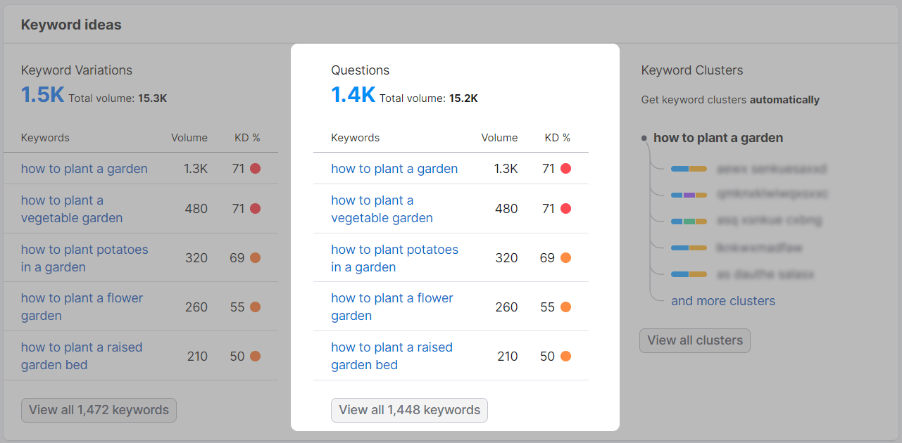 “Questions” panel highlighted under "Keyword ideas" section