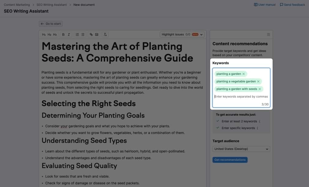 SEO Writing Assistant editor with "Keywords" section highlighted