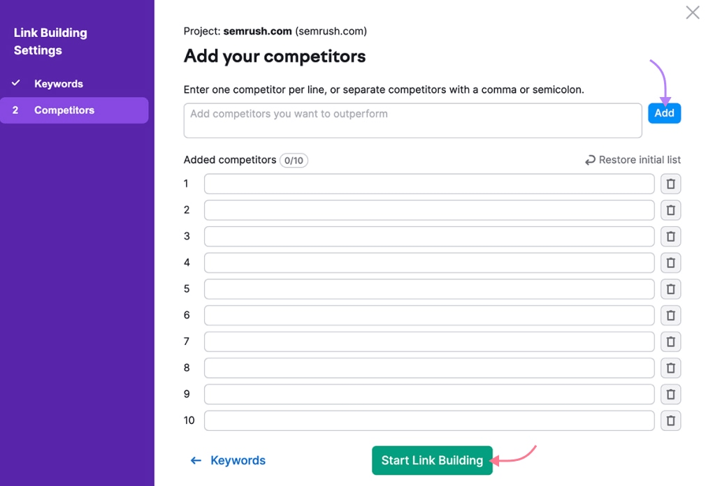 "Add your competitors" window in Link Building Settings