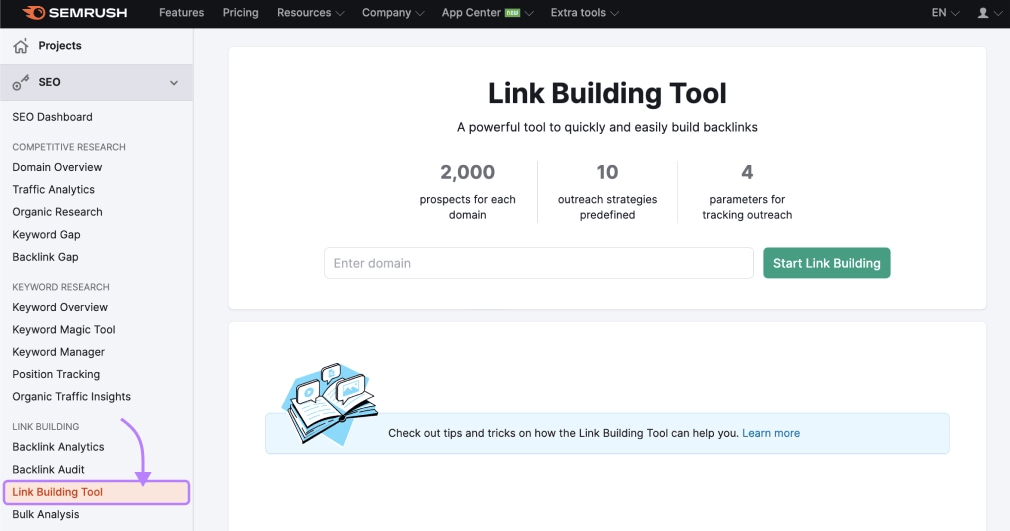 Link Building Tool landing page