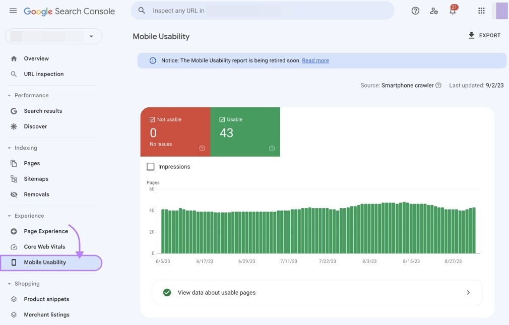 "Mobile Usability" chart in Google Search Console