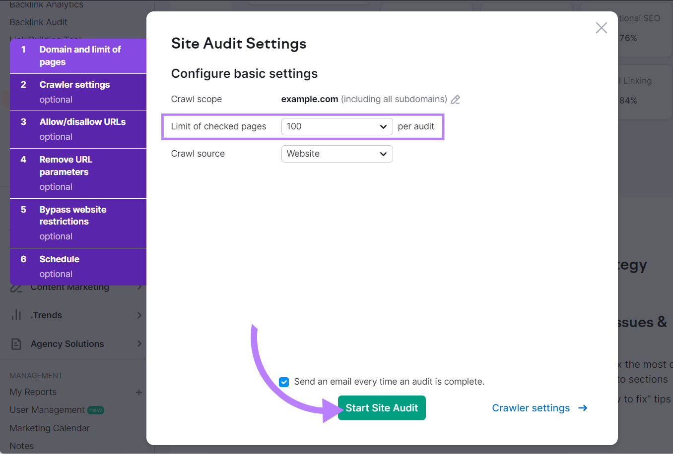 "Site Audit Settings" popup window