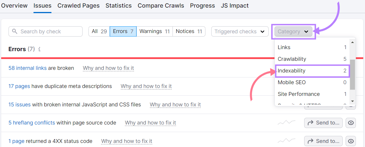 “Category” drop-down menu in the "Issues" tab with “Indexability” selected