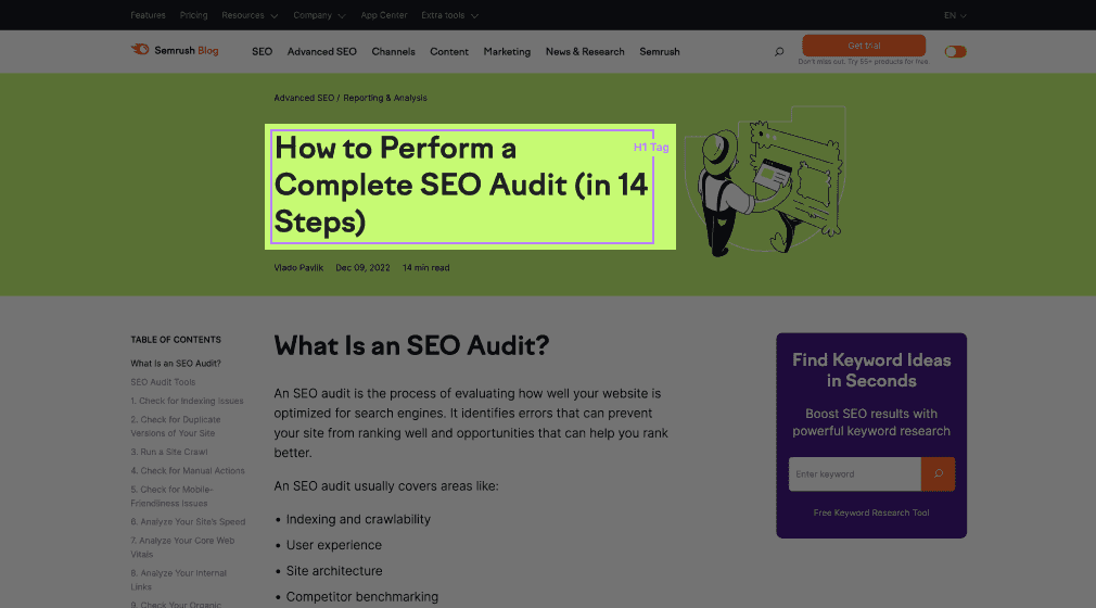 Semrush blog titled "How to Perform a Complete SEO Audit (in 14 Steps)"