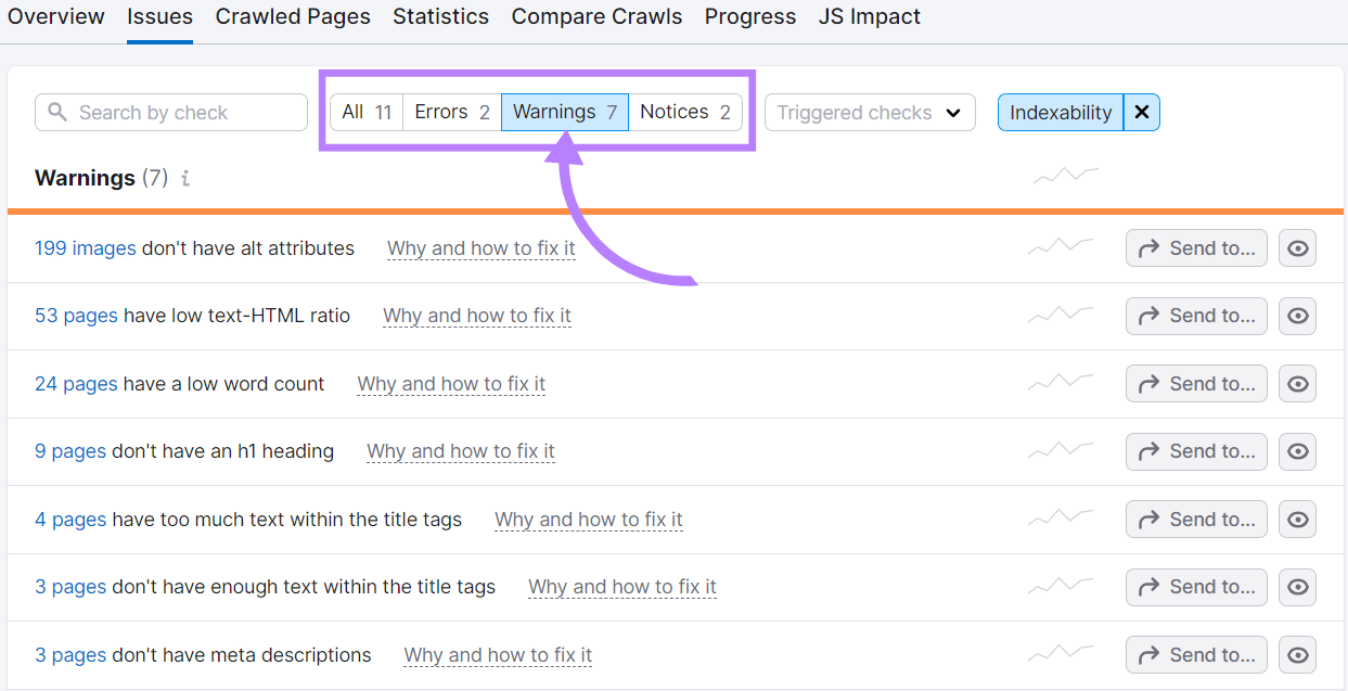 “Warnings” tab in Site Audit