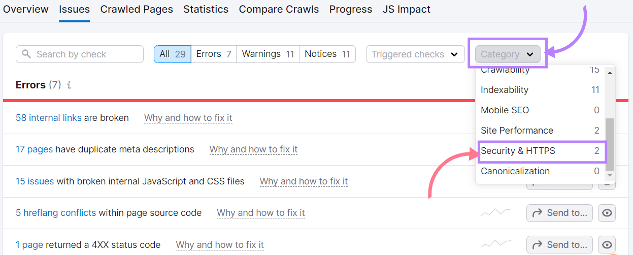 “Category” drop-down menu in the "Issues" tab with “Security & HTTPS” selected