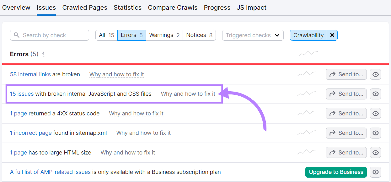 "15 issues with broken JavaScript andCSS files" line highlighted under "Errors"