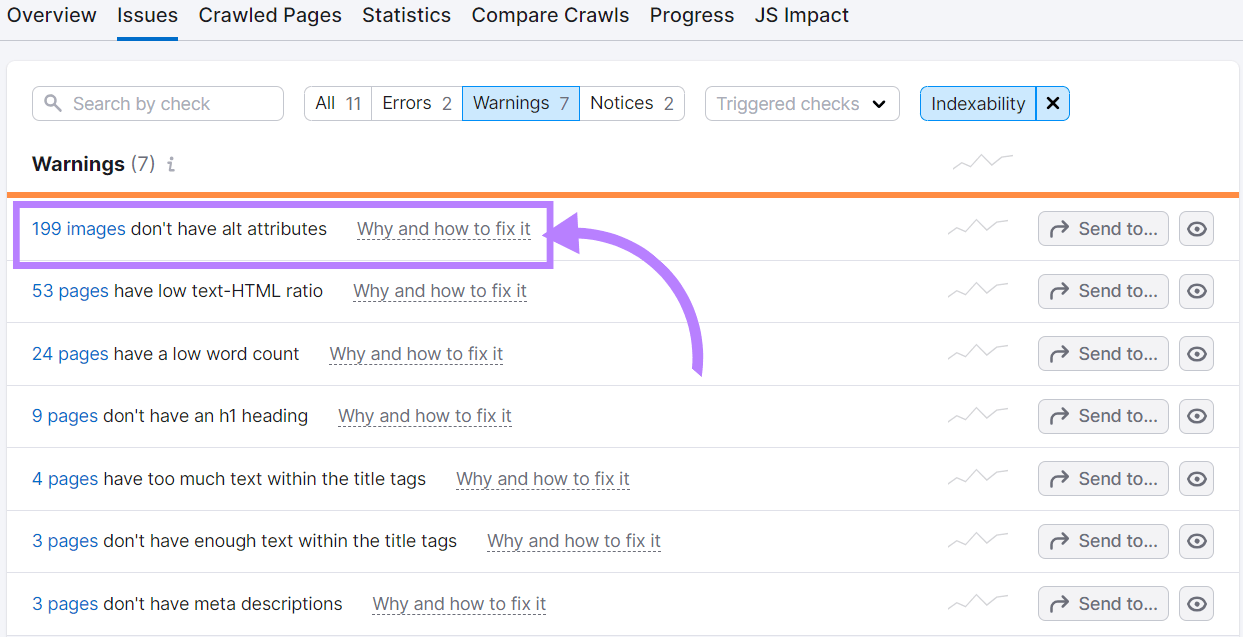 "199 images don’t have alt attributes" line highlighted under "Warnings" section