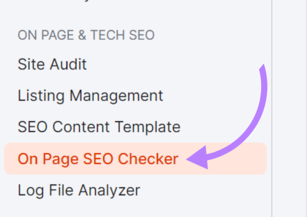 “On Page SEO Checker” highlighted in Semrush menu