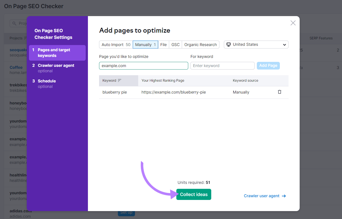 “Add pages to optimize” screen with "Collect ideas" button highlighted