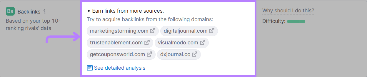 "Earn links from more sources" recommendation