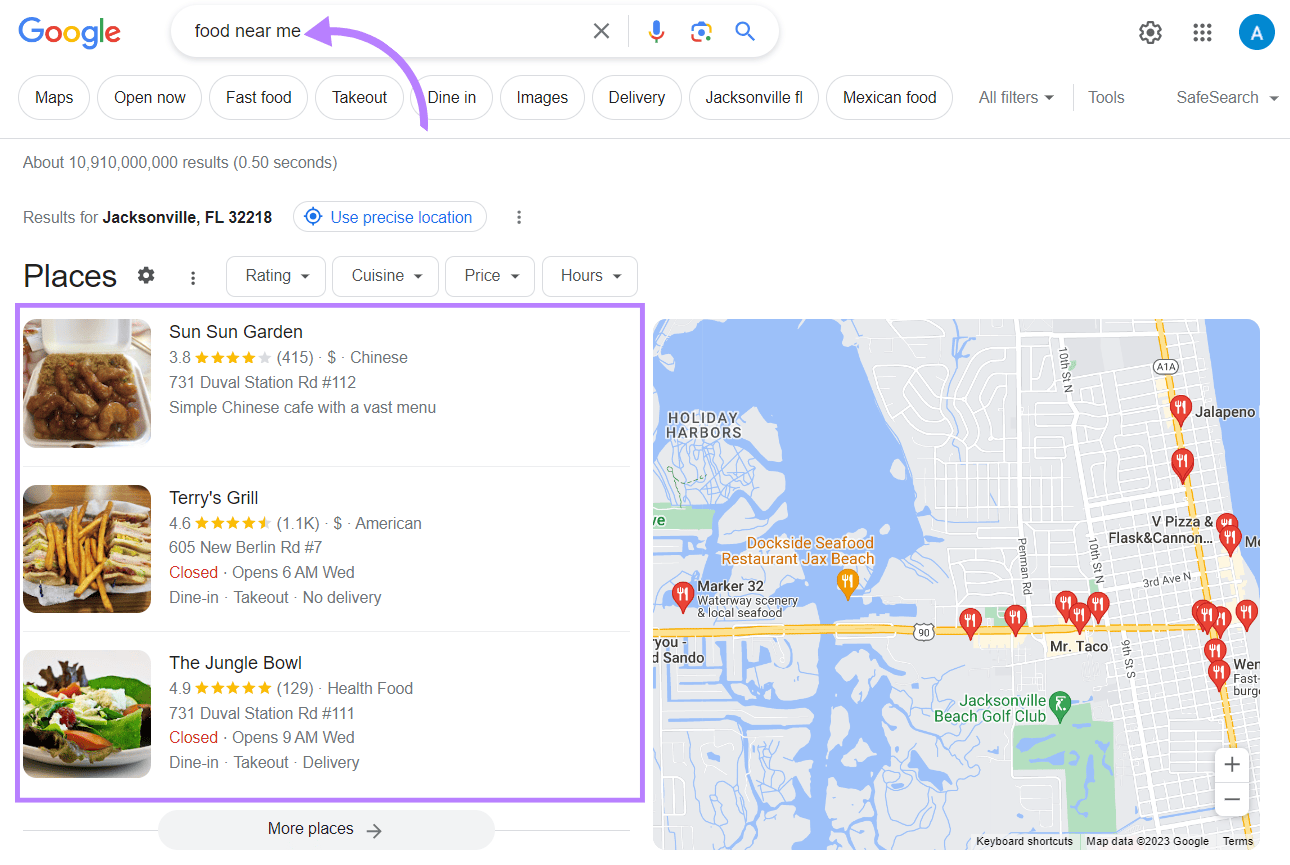 Google "Places" results for "food near me" search