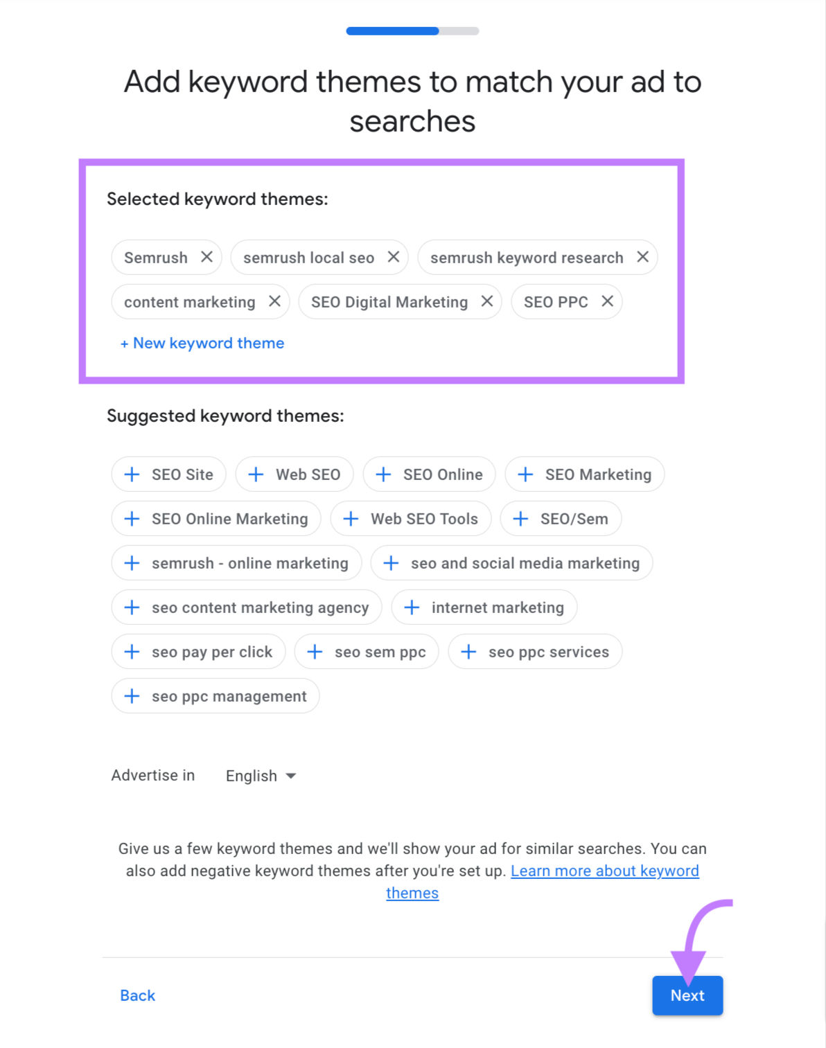 "Add keywords themes to match your ad to searches" screen